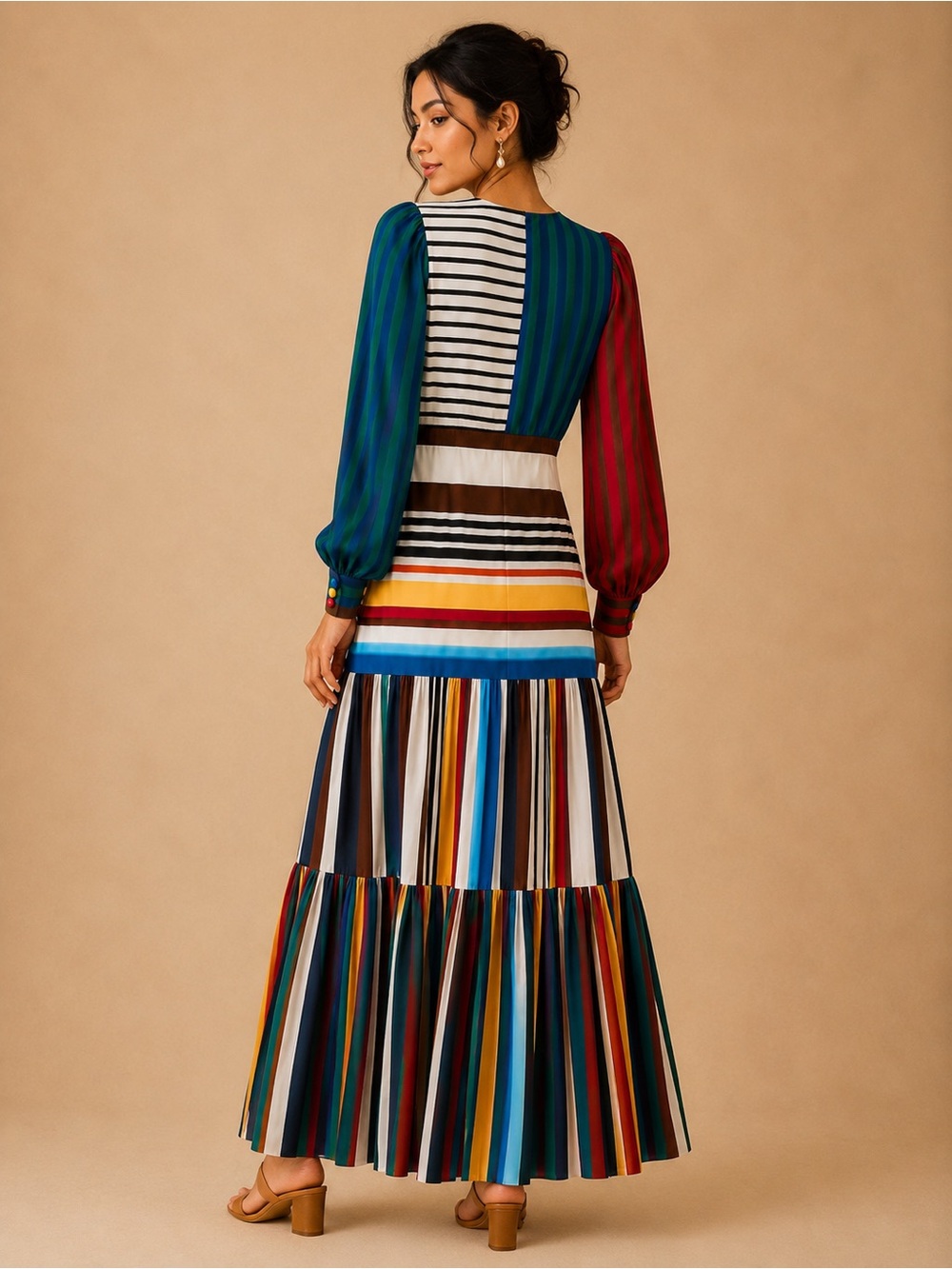 Farm Rio Thalita Stripe Multicolor Flowy Belted V-Neck Tiered Maxi Dress NWT - Picture 5 of 8